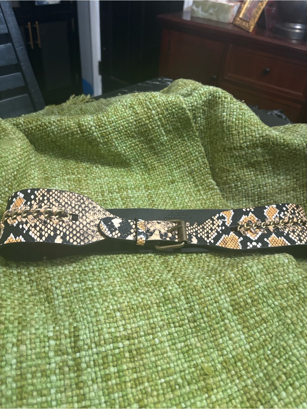 BCBGMaxAzria Black, Gold and Cream Python-Print Chain Accent Waist Belt